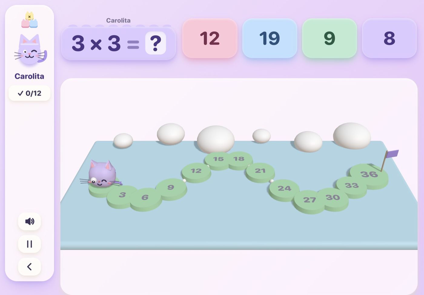 Het eerste spel: een kikker die over waterlelies met cijfers springt